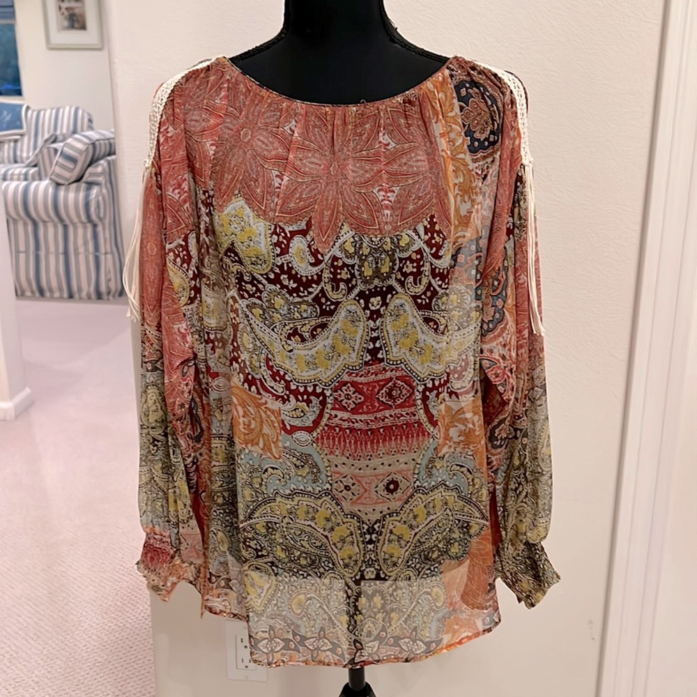 ZARA transparent Indian print blouse M